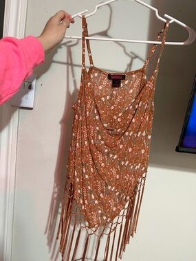 Rust Floral Cowl-Neck Fringe Camisole Tank